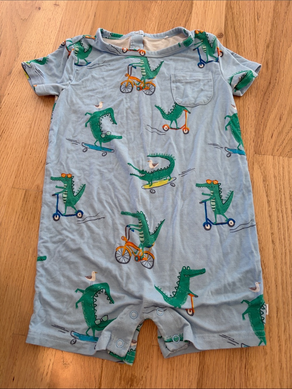 Little Sleepies Light Blue Romper with Green Crocodile Print